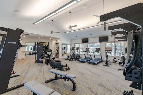 A gym with a variety of equipment including treadmills, weights, and benches.