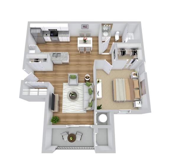 A 3D floor plan of a house with a living room, kitchen, dining room, and bedrooms.