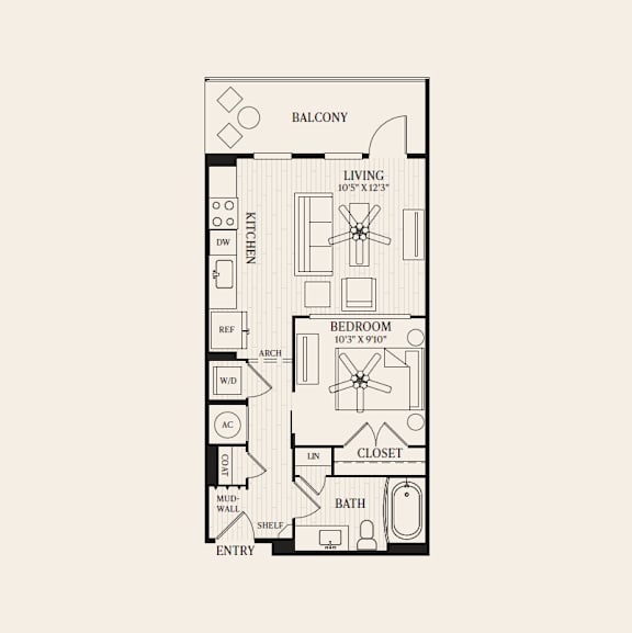 A floor plan of a small apartment with a balcony.