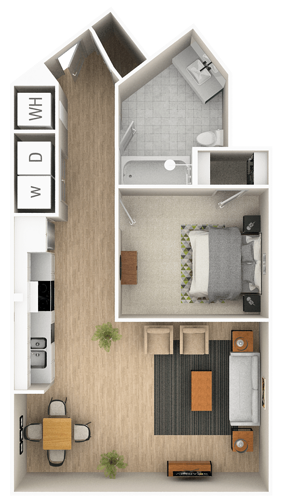 A floor plan of a house with a kitchen, living room, dining room, and bathroom.