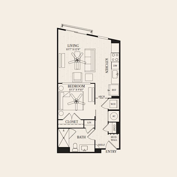 A floor plan of a small apartment with a living room, bedroom, closet, and bathroom.