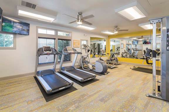 A gym with treadmills, elliptical machines, and other exercise equipment.