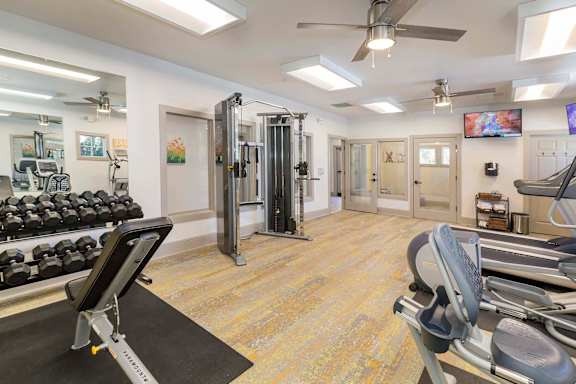A gym with a variety of equipment including dumbbells, weight machines, and a flat screen TV.