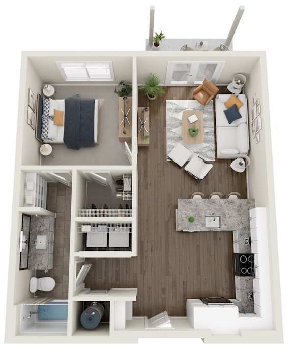 A top-down view of a small, neatly organized apartment with a kitchen, living room, and bathroom.