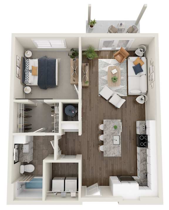 A top-down view of a small apartment with a kitchen, living room, and bathroom.