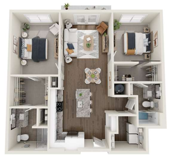 A top-down view of a small apartment with a kitchen, living room, and bathroom.