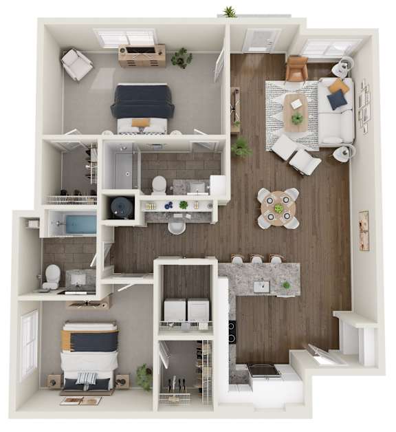 A 3D floor plan of a small apartment with a kitchen, living room, and bathroom.