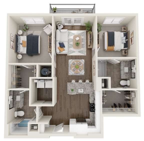 A top-down view of a small apartment with a kitchen, living room, and bathroom.