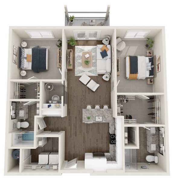 A top-down view of a small apartment layout with a kitchen, living room, and bathroom.