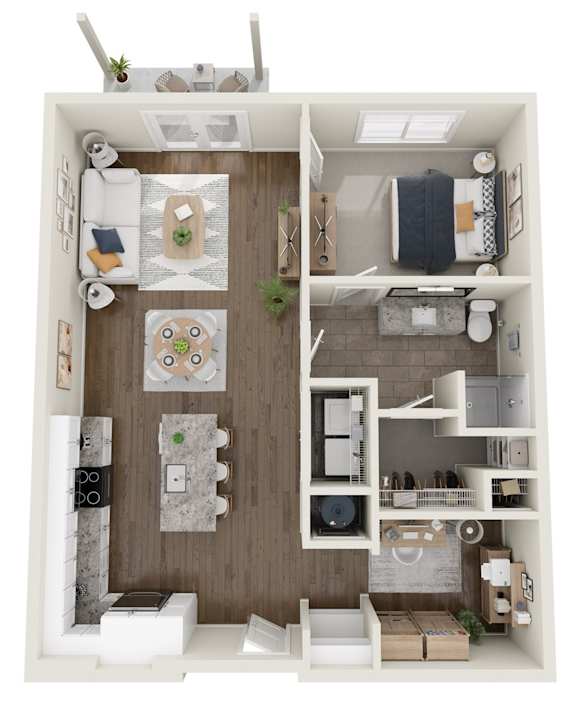 A top-down view of a small apartment with a kitchen, living room, and bedroom.