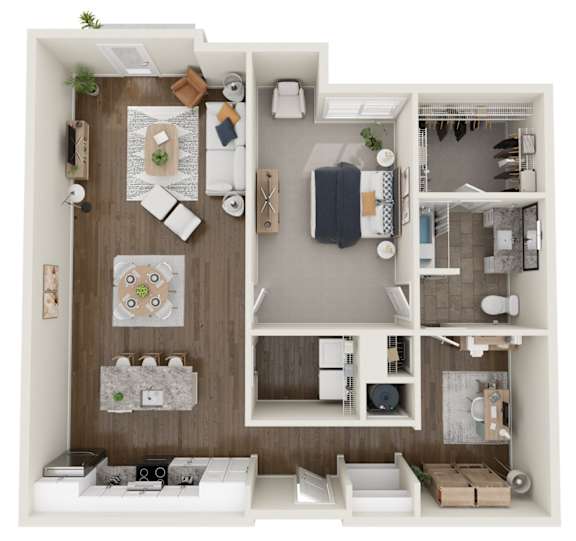 A 3D floor plan of a small apartment with a kitchen, living room, and bedroom.