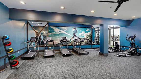A gym with treadmills, exercise bikes, and a large mural on the wall.