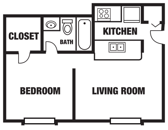 A floor plan of a room with a bedroom, living room, kitchen, and closet.