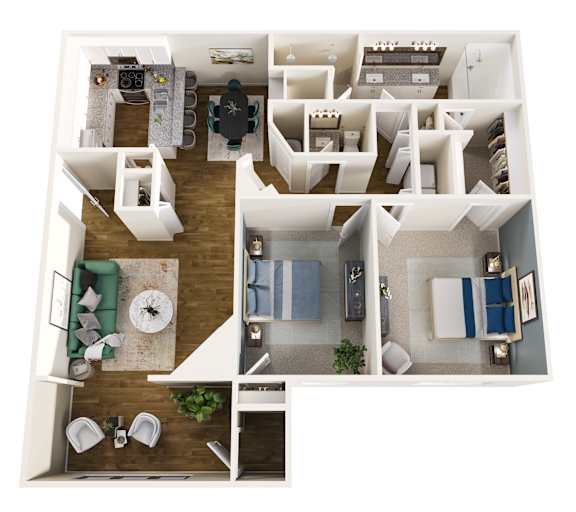 A top down view of a small apartment with a living room, kitchen, and bedroom.