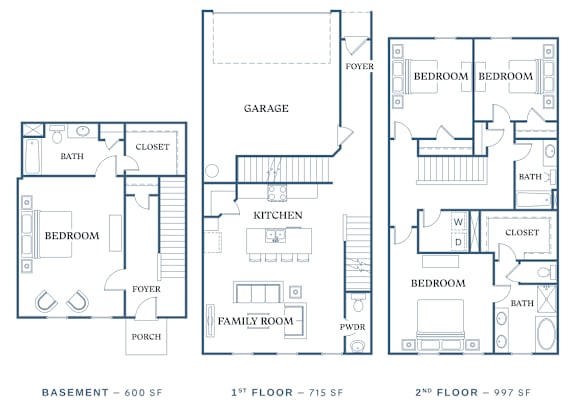 A floor plan of a house with three bedrooms, a garage, and a porch.
