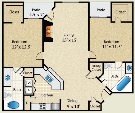 A floor plan of a two bedroom apartment with a living area, kitchen, and bathroom.