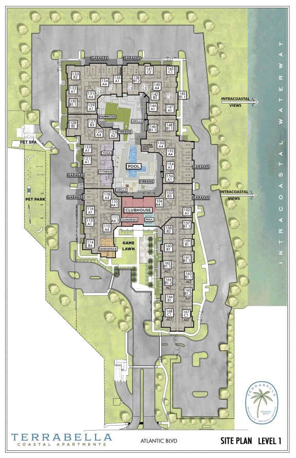 a floor plan of a resort with buildings and a pool