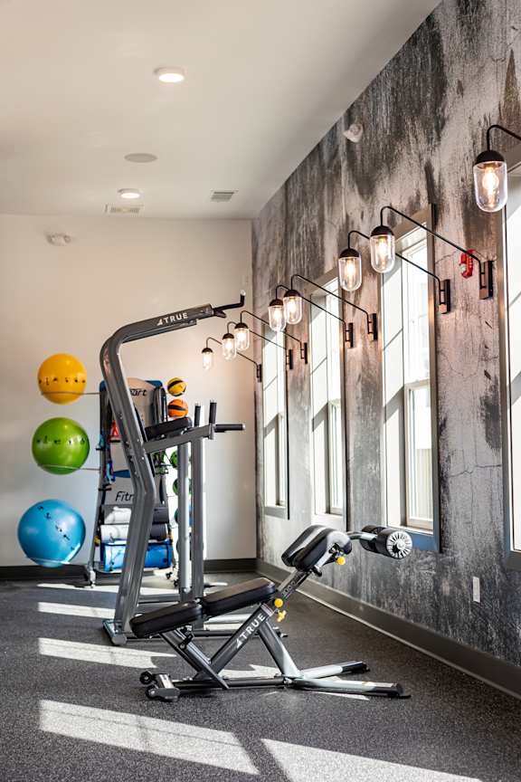 A gym with a weight machine and exercise balls.