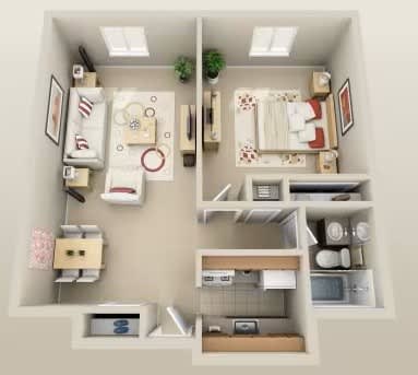 A top-down view of a small apartment with a kitchen, living room, and bathroom.