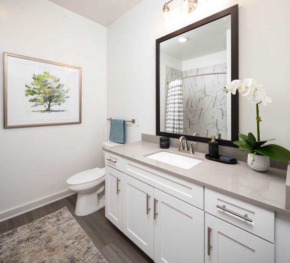 a white bathroom with a mirror and a toilet