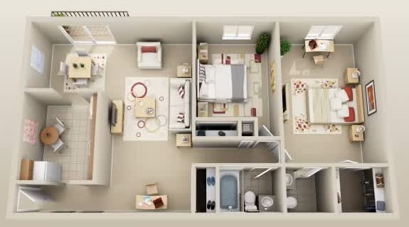 A dollhouse with a kitchen, living room, and bathroom.