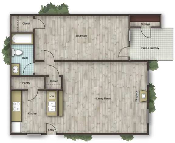 A floor plan of a house with a living room, kitchen, bathroom, and bedroom.
