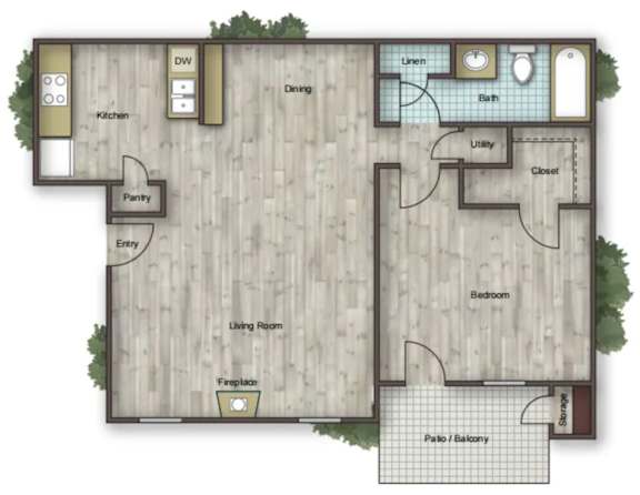 A floor plan of a house with a living room, dining room, kitchen, bathroom, and bedroom.