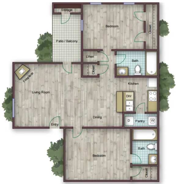 A floor plan of a house with a living room, dining room, kitchen, two bedrooms, a bathroom, and a storage area.