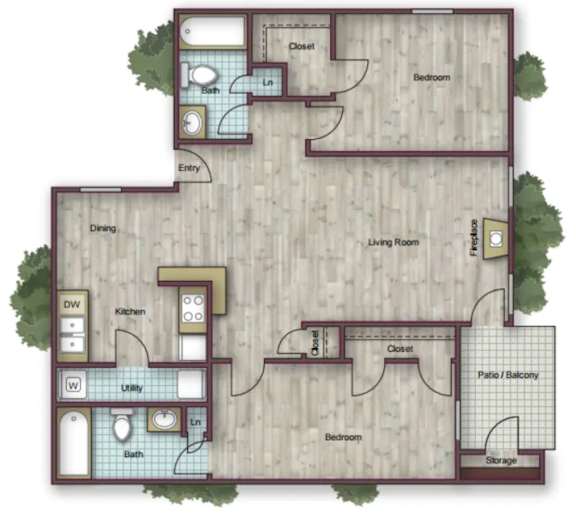 A floor plan of a house with a living room, dining room, kitchen, two bedrooms, a bathroom, and a storage area.