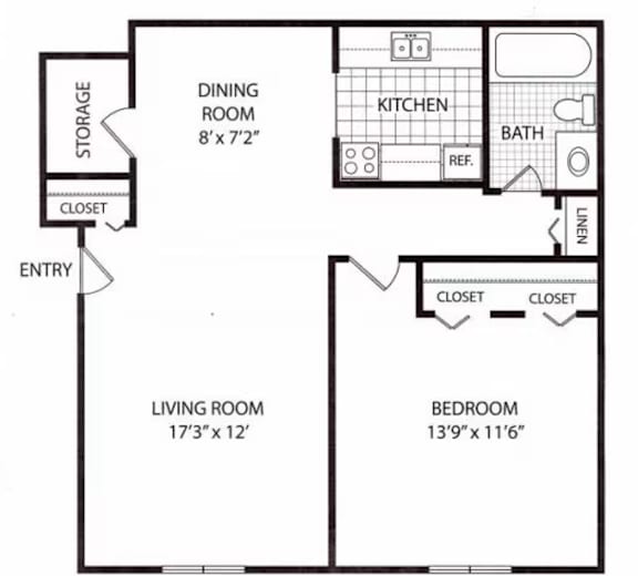 A floor plan of a small apartment with a living room, bedroom, kitchen, and bathroom.