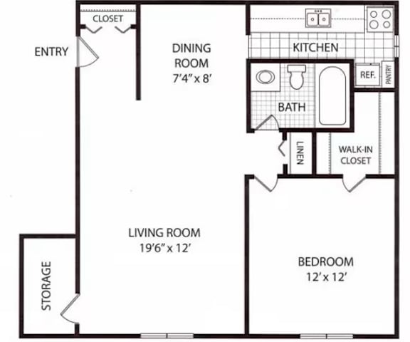 A floor plan of a small apartment with a living room, dining room, kitchen, and two bedrooms.