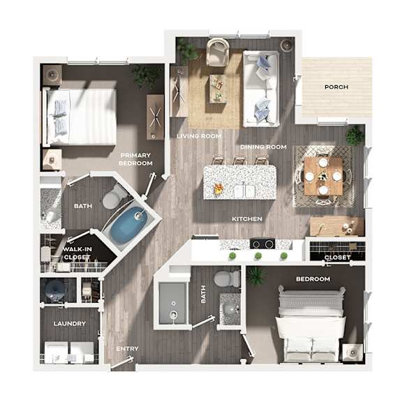 A floor plan of a house with a primary bedroom, living room, dining room, kitchen, and bathrooms.