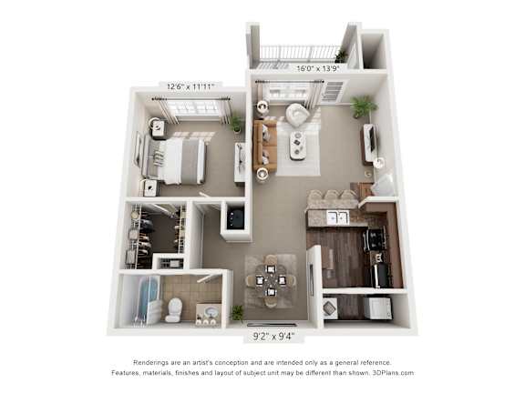A 3D floor plan of a small apartment with a kitchen, living room, and bathroom.