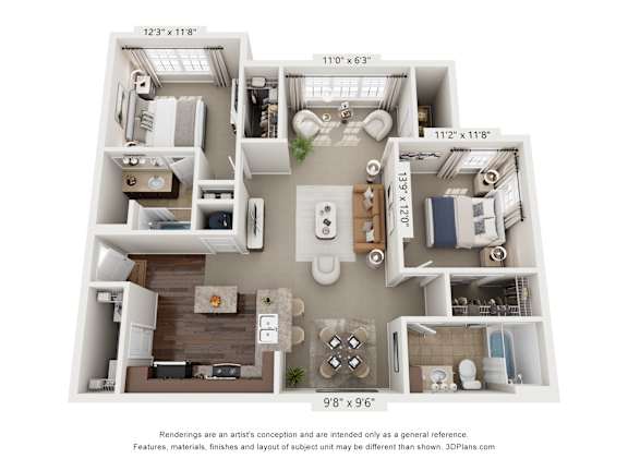 A 3D floor plan of a small apartment with a kitchen, living room, and bathroom.