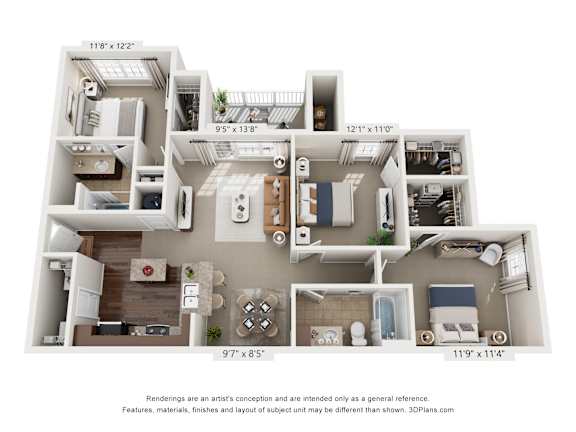 A 3D floor plan of a house with labeled dimensions.