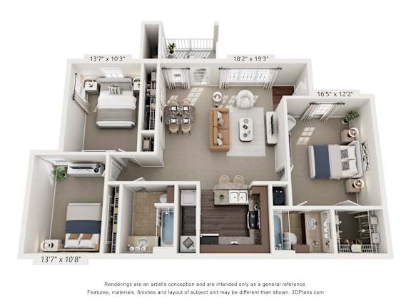 A 3D floor plan of a house with dimensions of each room.