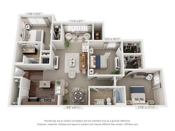A 3D floor plan of a small apartment with a kitchen, living room, and bathroom.