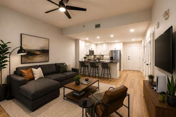 A living room with a grey couch and a coffee table.