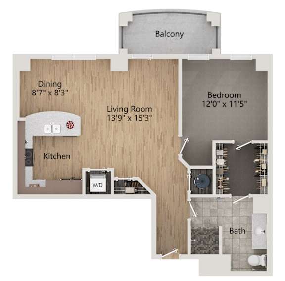 A floor plan of a home showing a living room, dining room, kitchen, bedroom, bathroom, and balcony.
