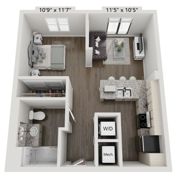 this is a 3d floor plan of a 757 square foot 1 bedroom apartment at the