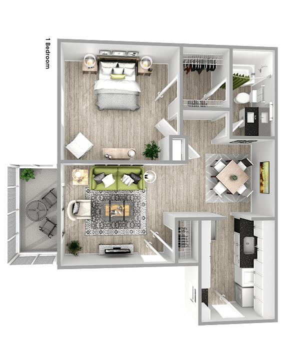 A 3D floor plan of a one bedroom apartment.