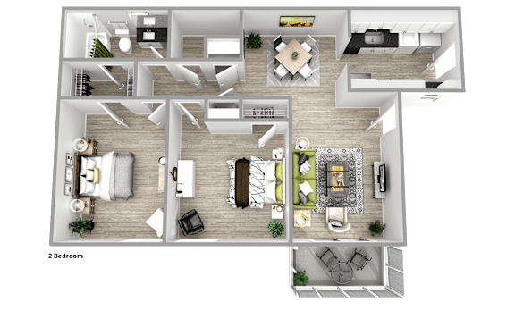 A 3D floor plan of a two bedroom apartment.