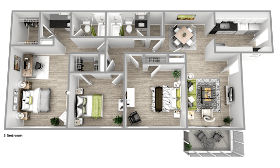 A 3 bedroom apartment layout with a living room, kitchen, and dining area.