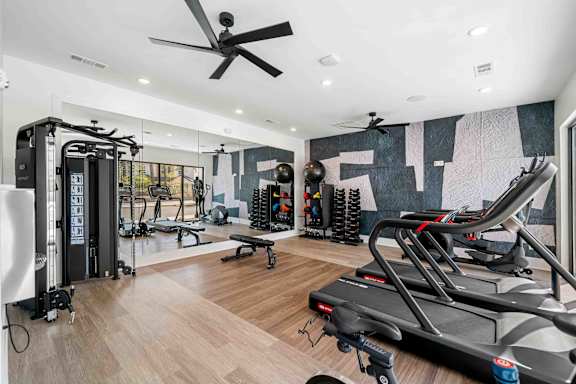 A home gym with a treadmill, weights, and exercise equipment.