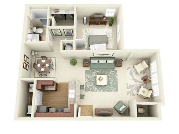 A 3D floor plan of a house with a living room, kitchen, dining room, and bedrooms.