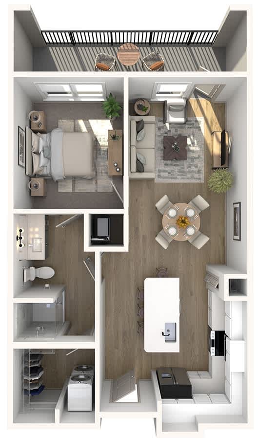A 3D floor plan of a small apartment with a kitchen, living room, and bathroom.
