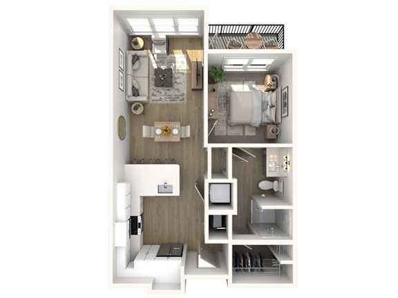 A 3D floor plan of a small apartment with a kitchen, living room, and bedroom.