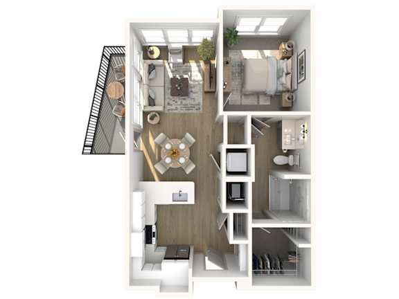 A floor plan of a small apartment with a kitchen, living room, and bathroom.