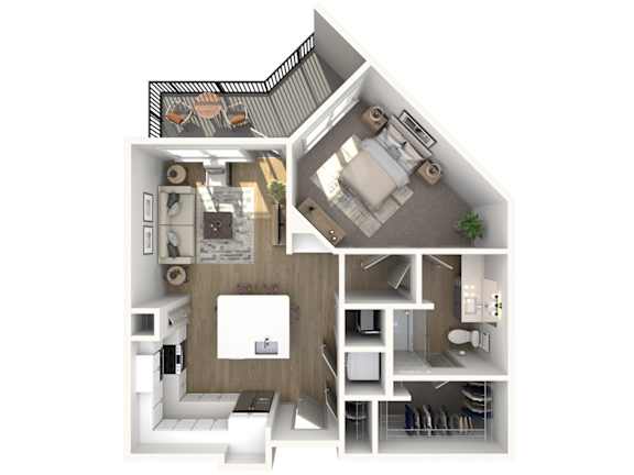 A 3D floor plan of a house showing the layout of the rooms.