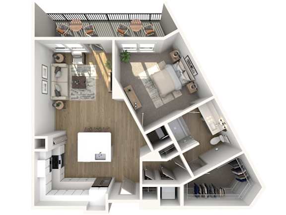 A 3D floor plan of a house showing a kitchen, living room, and bedrooms.